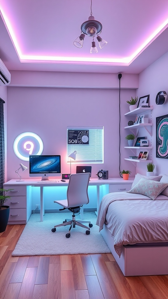 A modern high-tech teen bedroom featuring a sleek desk with a computer, an ergonomic chair, cozy bed, and LED lighting.