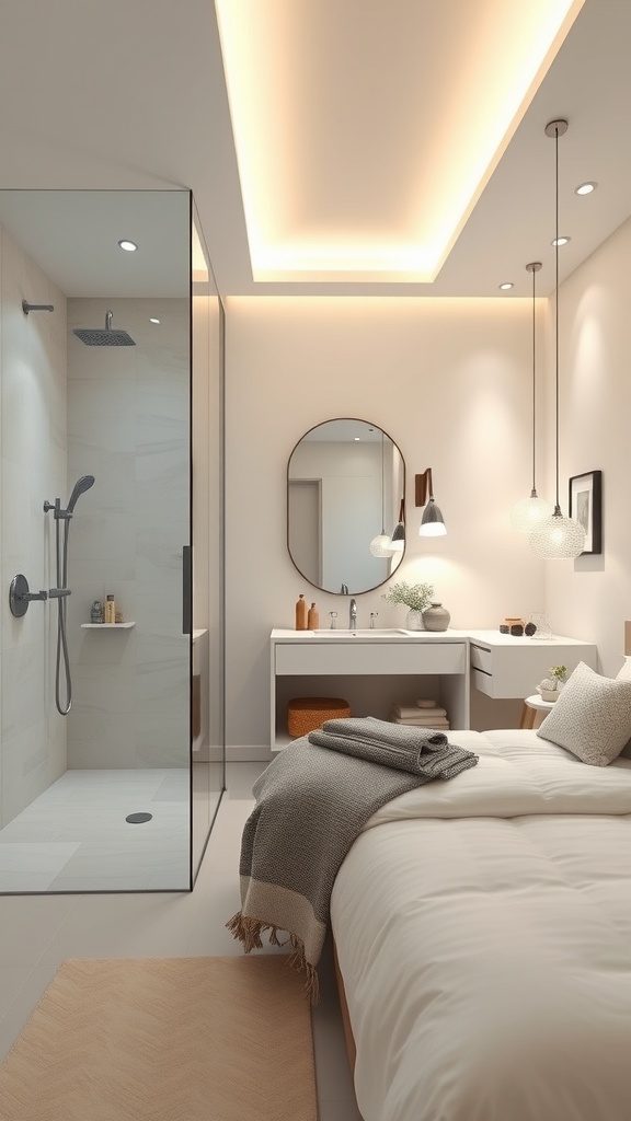 A modern bathroom featuring a spacious shower, stylish vanity, and smart lighting.