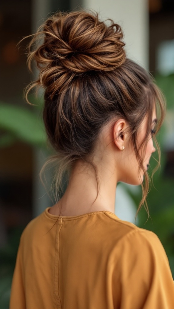 A woman with a high bun hairstyle, featuring wrapped strands, viewed from the back