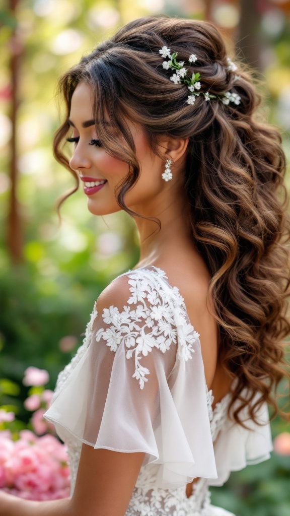A bridesmaid with high curly waves, adorned with small flowers, showcasing a romantic hairstyle.