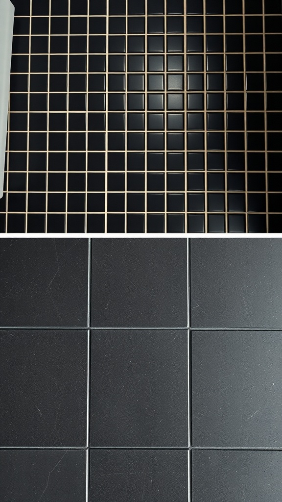 Comparison of high gloss and matte black tiles for bathroom flooring.