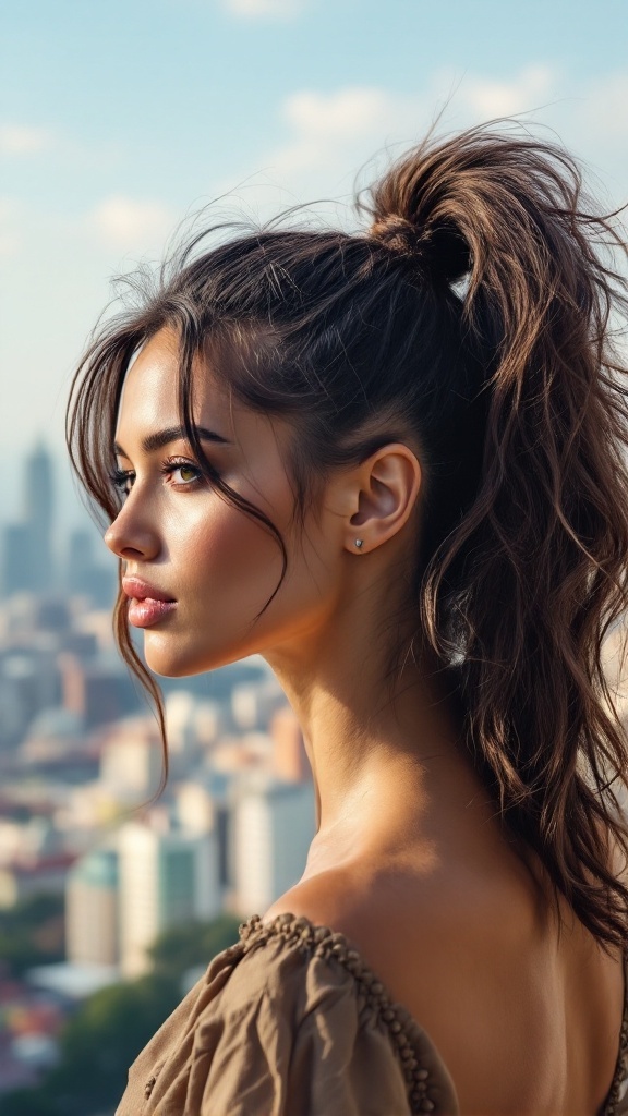 A woman with a high messy ponytail, showcasing volume and loose strands framing her face against a city backdrop.