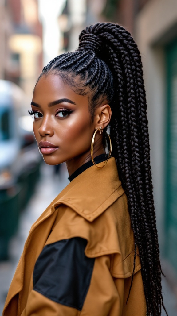 A person with high ponytail box braids, wearing a stylish outfit, posed in an urban setting.
