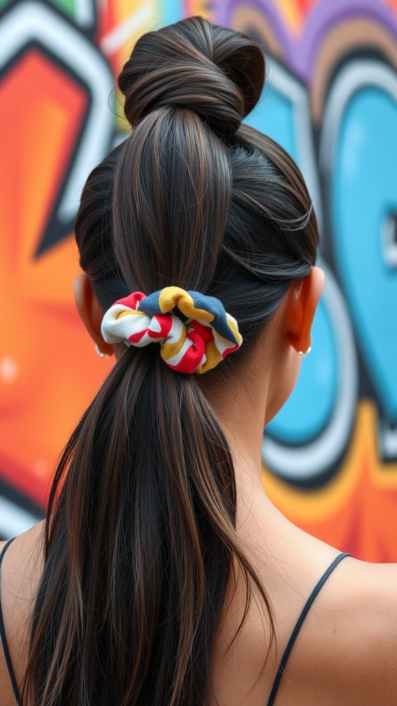 A woman with a high ponytail secured with a colorful scrunchie, standing against a vibrant graffiti background.