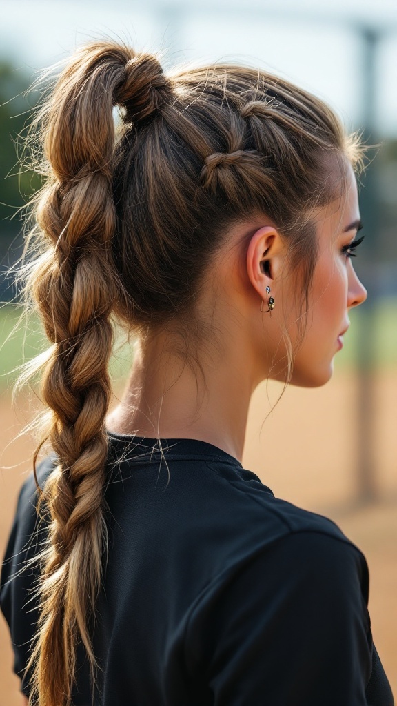 A young woman with a high ponytail and braid, showcasing a stylish softball hairstyle.