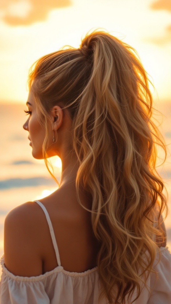 A woman with a high ponytail and textured waves, standing against a sunset backdrop.