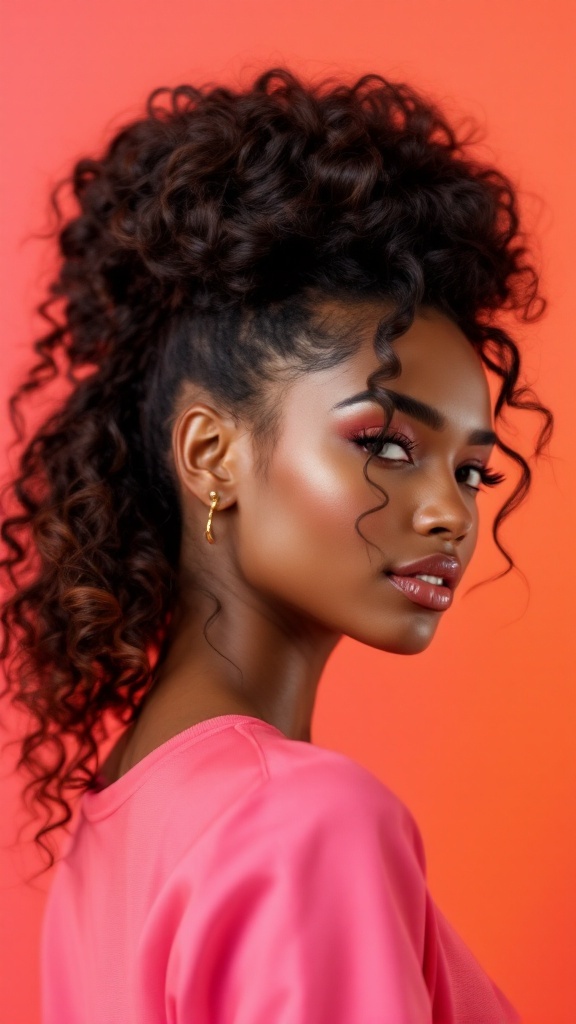 A woman with a high puff hairstyle showcasing defined curls, smiling against a vibrant background.