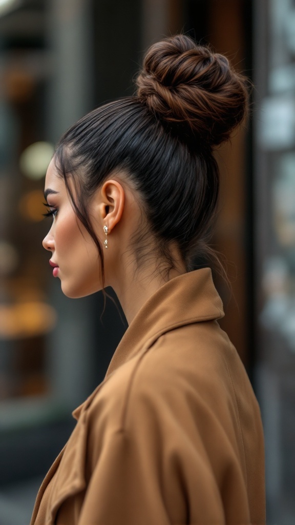 A side profile of a woman with a high slicked back bun hairstyle, wearing earrings and a brown coat.
