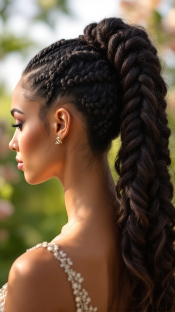A woman showcasing a high textured ponytail with braids, perfect for a wedding hairstyle.