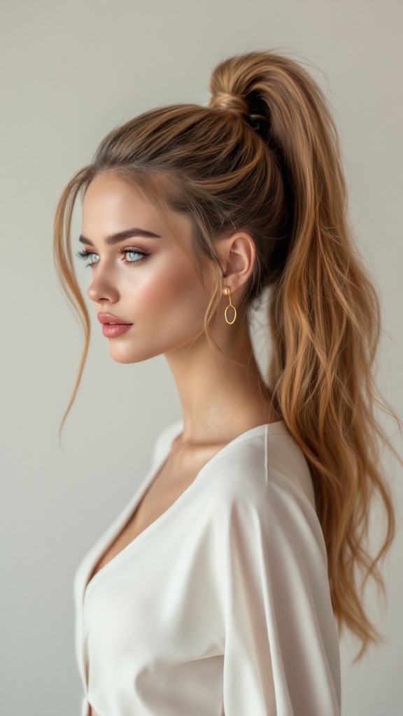A woman showcasing a high volume ponytail hairstyle, styled elegantly with loose strands and accessorized with earrings.