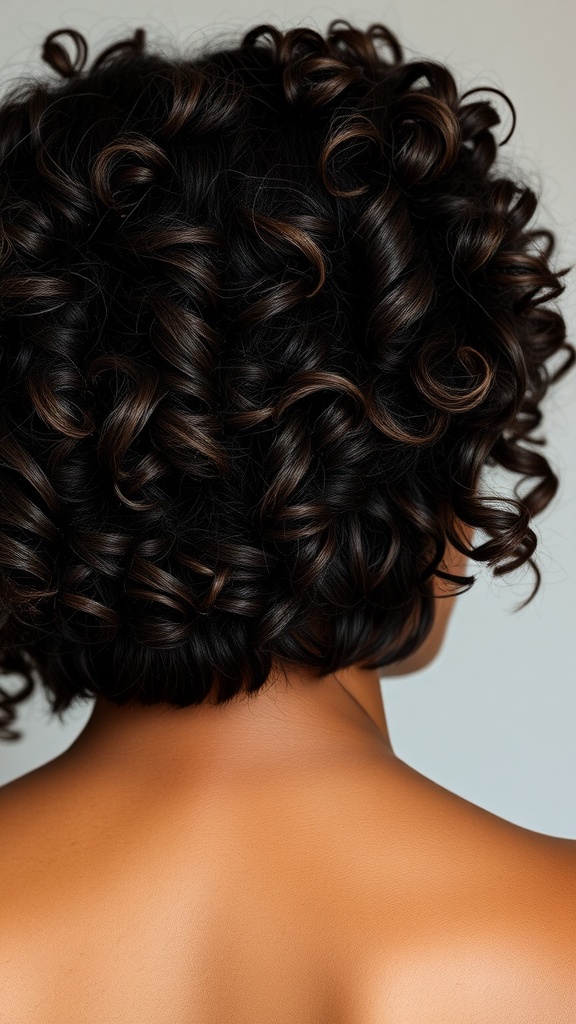 Back view of a highlighted curly bob hairstyle with defined curls and a blend of dark and light tones