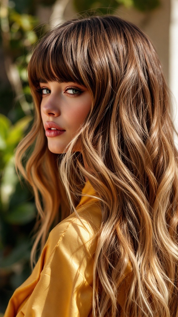 A person showcasing a highlighted long fringe hairstyle with an ombre effect, featuring wavy hair and a natural look.