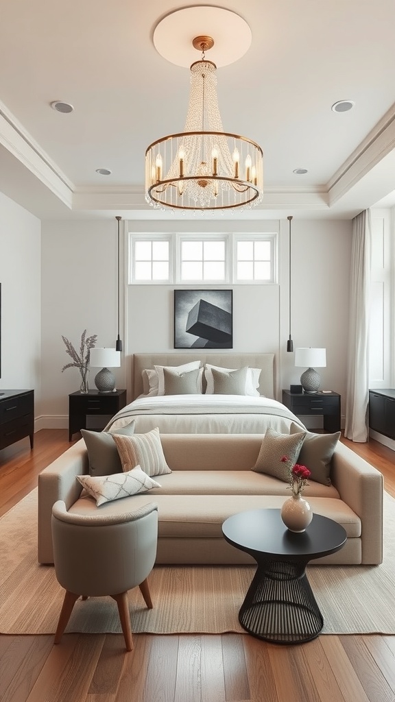 A stylish open concept living room featuring a beautiful chandelier as the main light fixture.