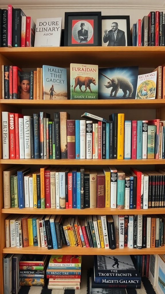 A bookshelf displaying a variety of books and framed photographs, showcasing a personal collection.