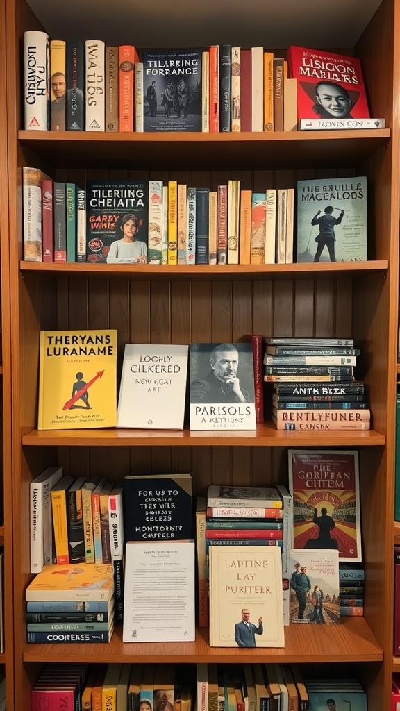 A wooden bookshelf filled with various books, some authored by local writers, showcasing a variety of genres.