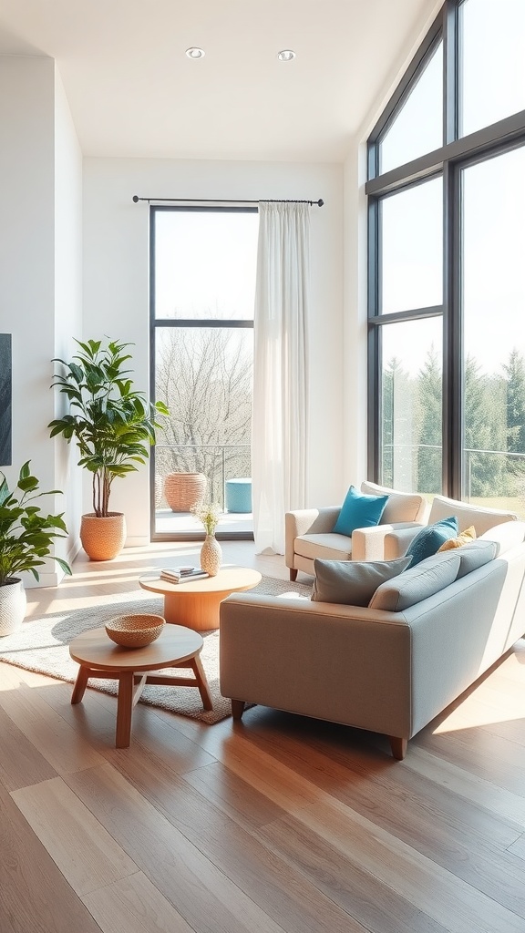 Bright living room with large windows, a light-colored couch, and indoor plants.