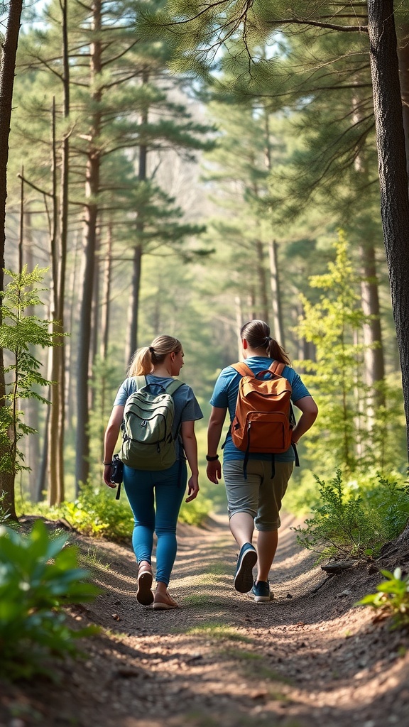 Two friends hiking on a forest trail, surrounded by tall trees and greenery.