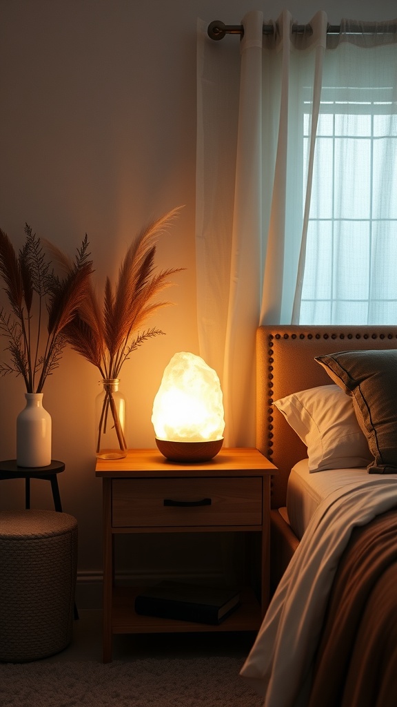 A cozy bedroom with a Himalayan salt lamp on a bedside table, surrounded by soft bedding and decorative elements.