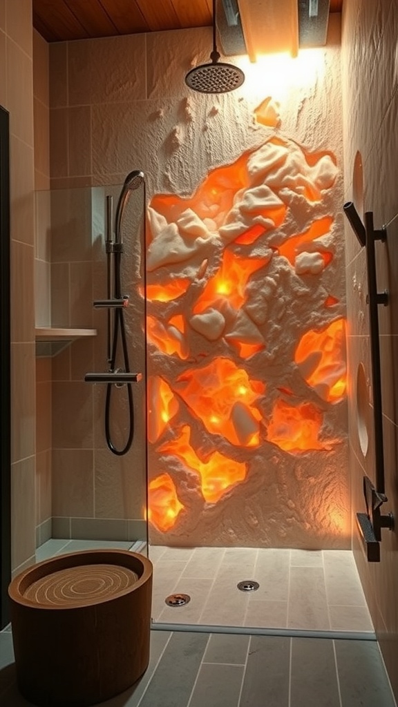 Shower with a glowing Himalayan salt wall, glass enclosure, and wooden basin.