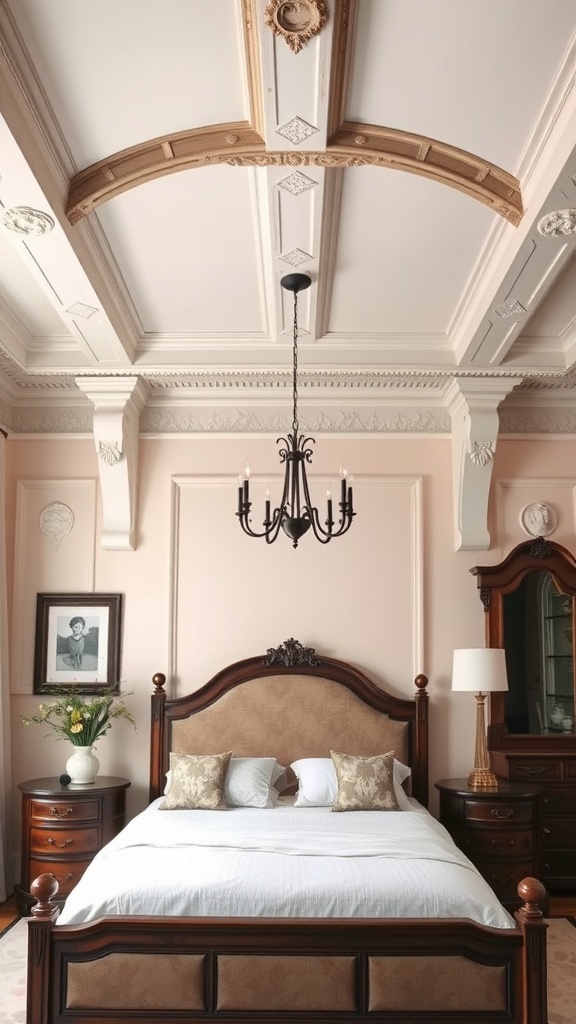 A beautifully designed bedroom featuring a painted ceiling with intricate wooden beams, elegant chandelier, and classic wooden furniture.