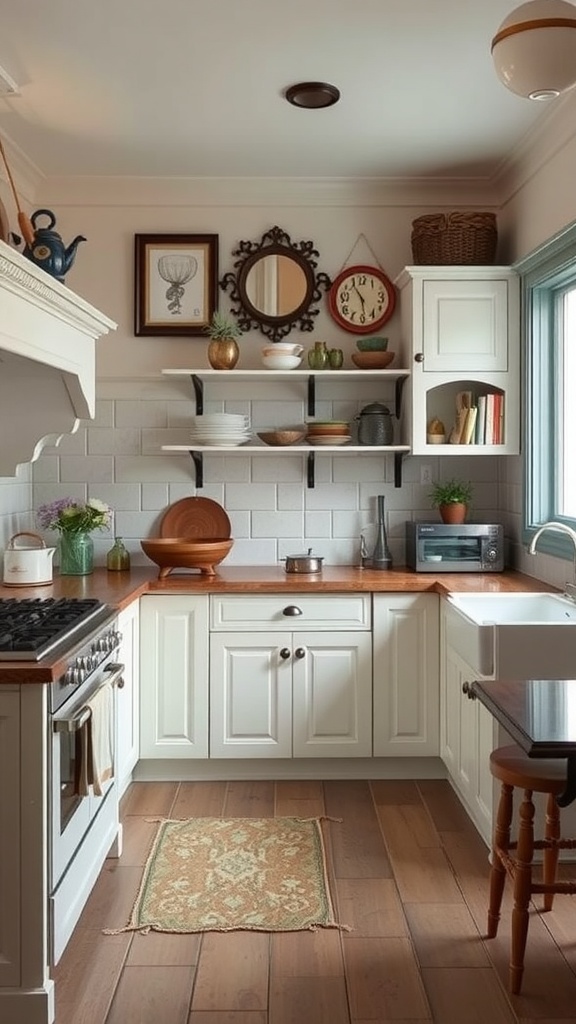 Victorian kitchen featuring white cabinets, wooden countertops, vintage decor, and a cozy atmosphere.