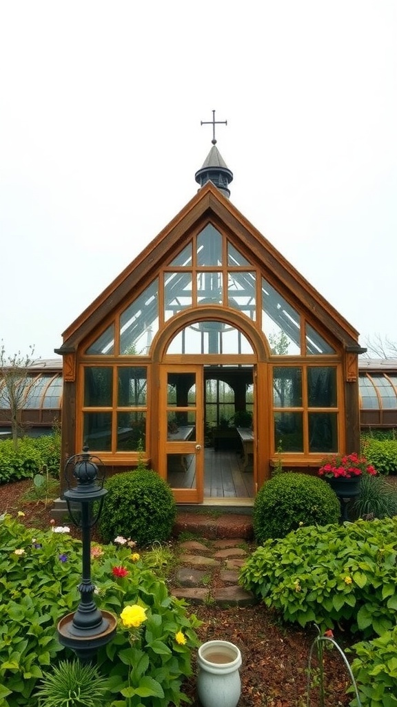 A beautifully designed hobbit-inspired greenhouse with a wooden frame and surrounded by vibrant plants.