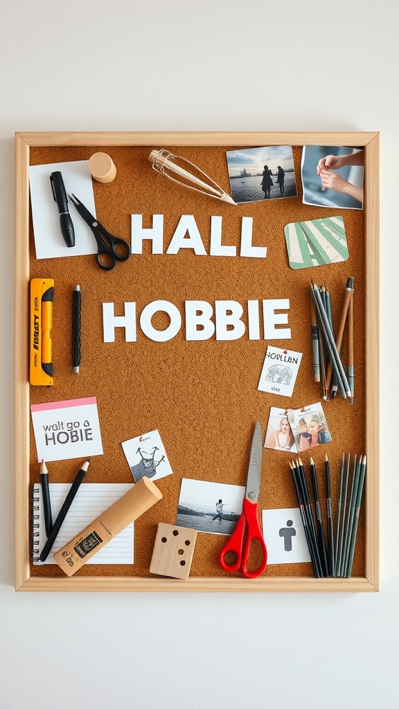 A cork board displaying various hobby-related items, including photos, pens, scissors, and notes.