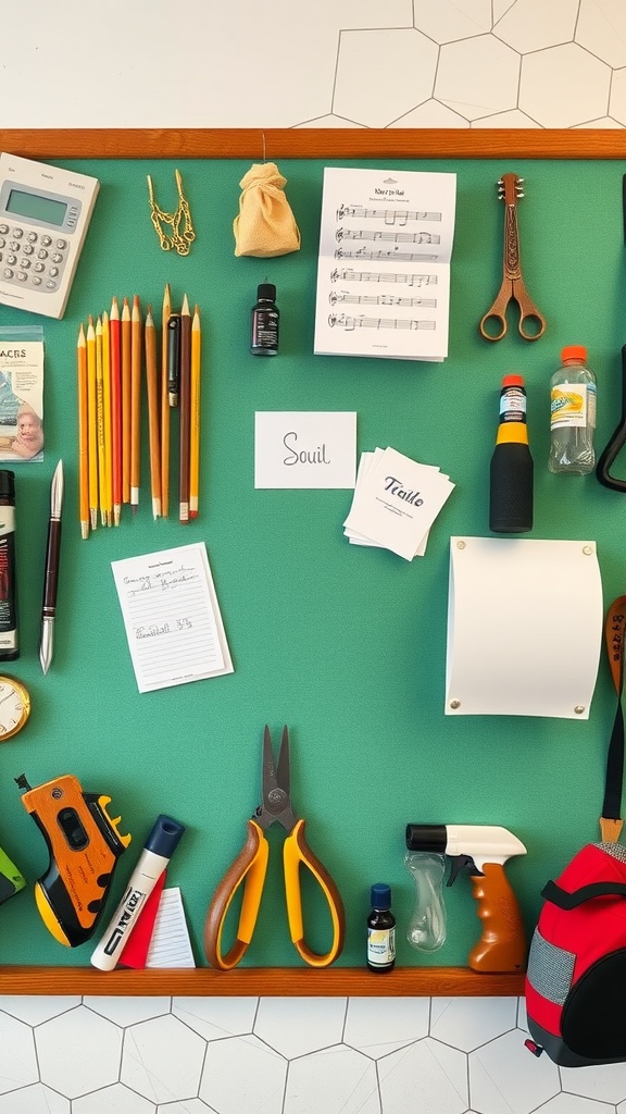 A colorful bulletin board filled with various hobby-related items like tools, music sheets, and stationery.