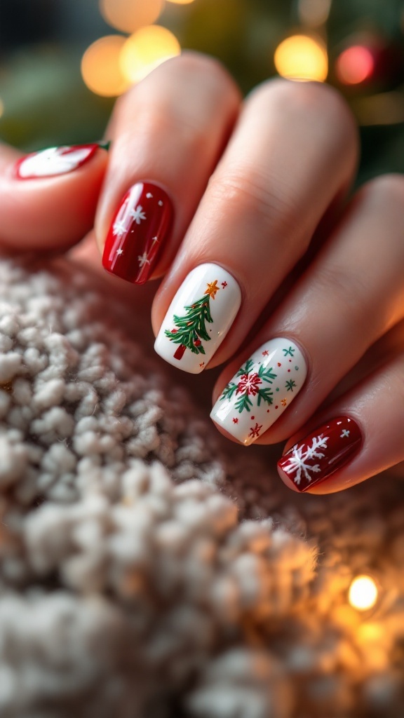 Holiday-themed nail art featuring red and white nails with snowflakes and a Christmas tree design.