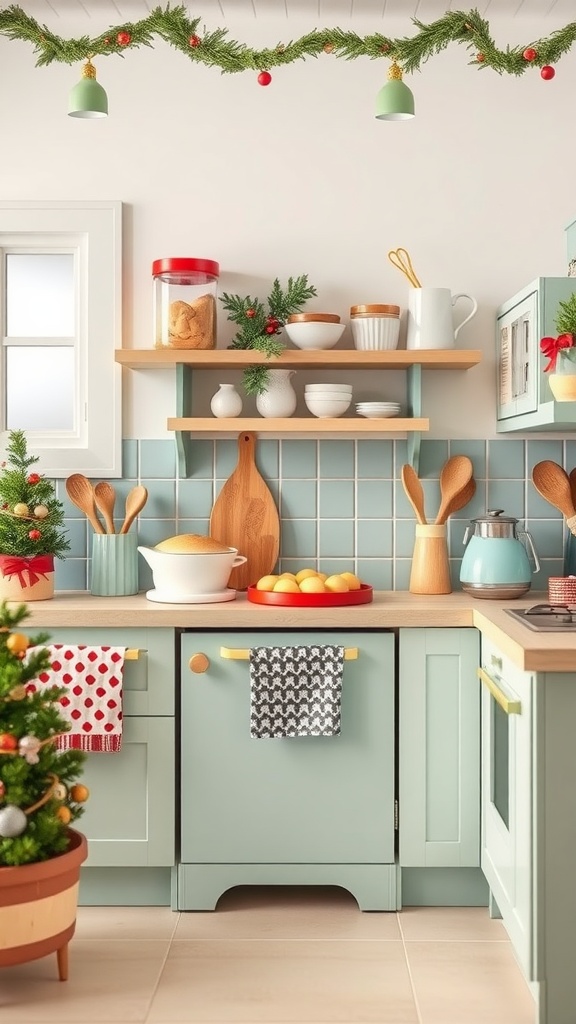 A cheerful kitchen decorated for the holidays, featuring a small Christmas tree, festive garland, and baking supplies on display.