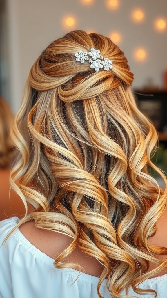 A hairstyle featuring soft, flowing curls adorned with a delicate hair accessory, embodying a holiday beach wave look.