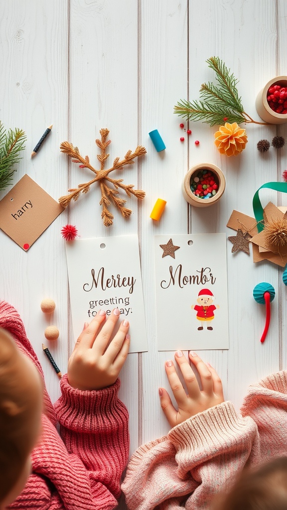 Children's hands crafting holiday cards with colorful materials and festive decorations.