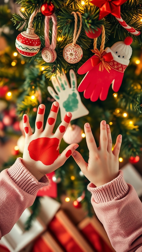 Child's painted hands with red paint making handprint ornaments, decorated holiday tree in the background.