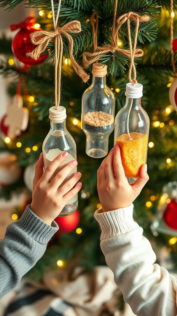 Hands holding recycled bottle ornaments near a Christmas tree