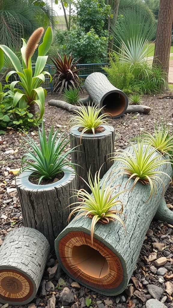 Display of air plants in hollow logs in a garden setting.