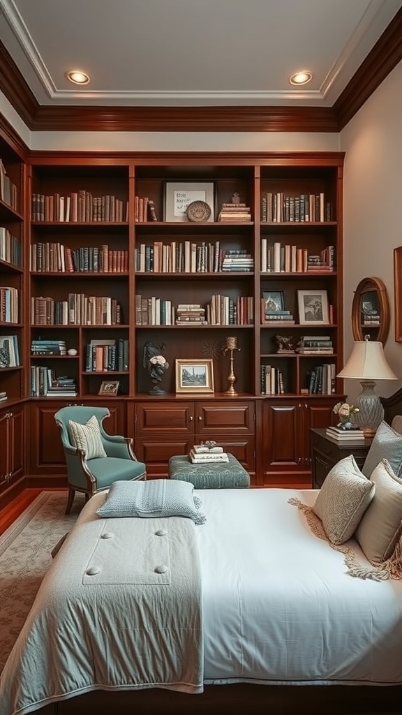 A cozy home library with wooden shelves filled with books, a comfortable chair, and warm lighting.