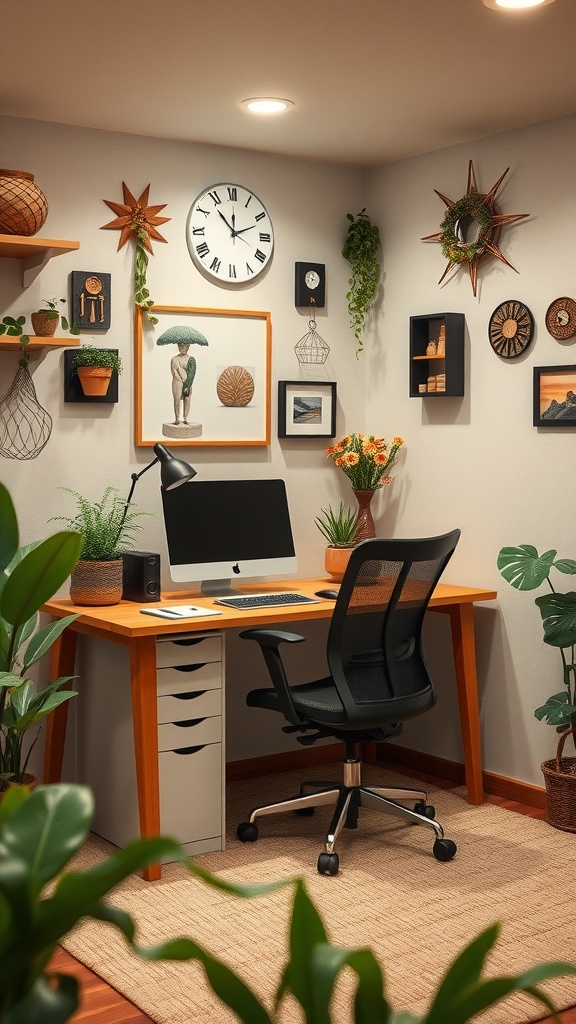 A stylish home office space with a wooden desk, black office chair, and decorative wall art, surrounded by plants.