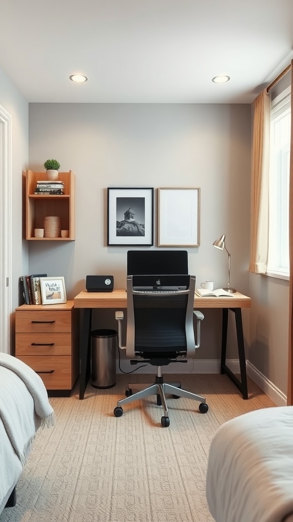 A cozy basement bedroom with a home office setup featuring a desk, chair, and decorative elements.