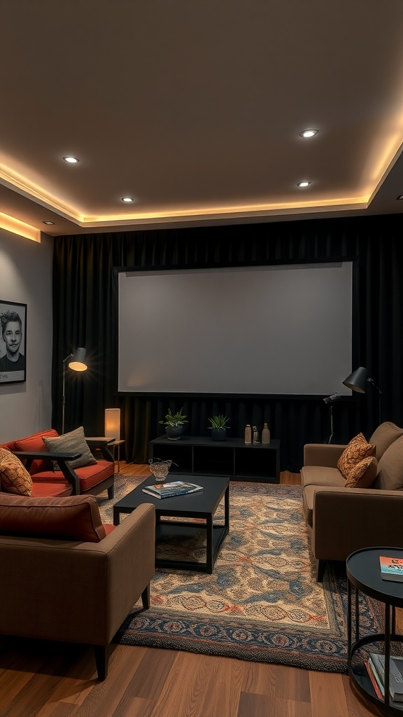 A cozy home theater with black curtains, comfortable seating, and soft lighting.
