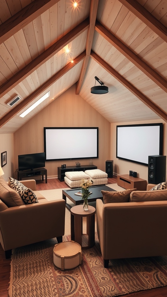 Cozy attic home theater with wooden beams, two screens, and comfortable seating.