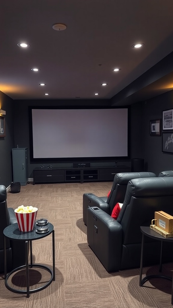 Cozy basement home theater setup with reclining chairs, a large screen, and snack options.