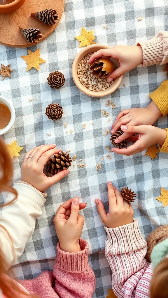Children's hands making homemade bird feeders with pine cones and natural materials