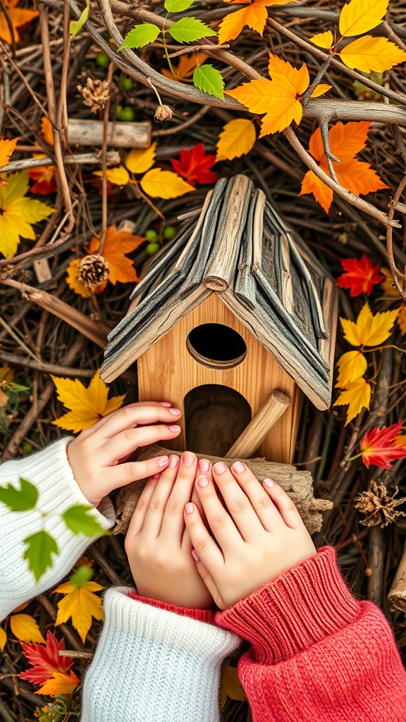 Two children's hands holding a wooden birdhouse surrounded by autumn leaves and twigs.