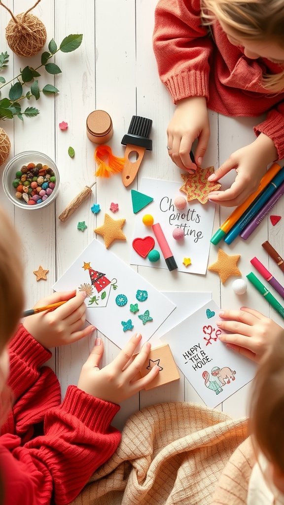 Children making homemade greeting cards with various craft supplies