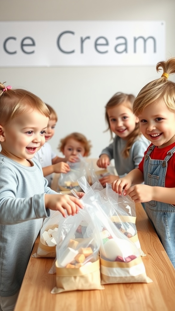 Toddlers making homemade ice cream in bags