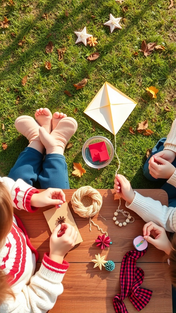 Children making homemade kites and crafting materials on grass