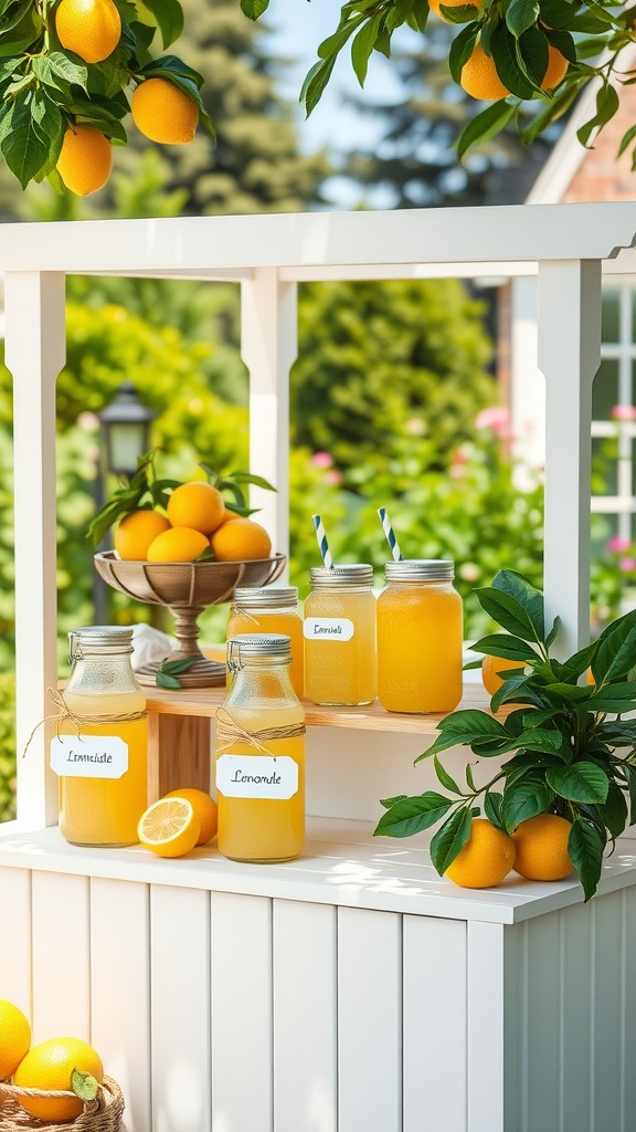A homemade lemonade stand with jars of lemonade and fresh lemons.