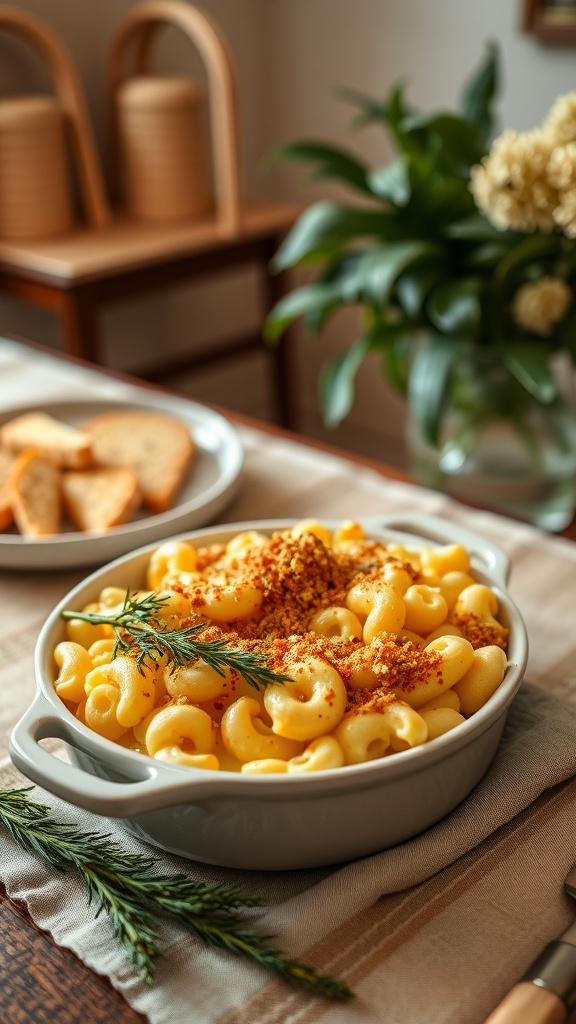A bowl of homemade mac and cheese topped with breadcrumbs, sitting on a dining table with bread slices and a flower arrangement in the background.