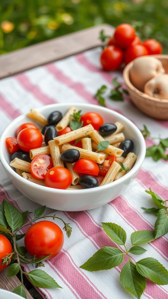 A bowl of homemade pesto pasta salad with cherry tomatoes and olives, set on a table with a striped cloth.
