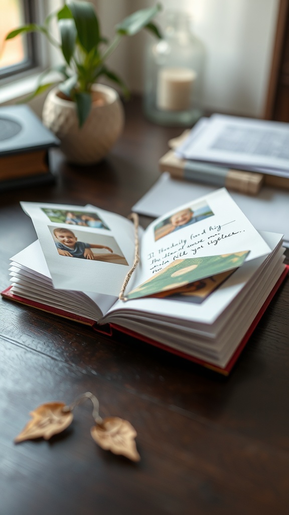 A homemade photo book open on a table with photos and notes inside.